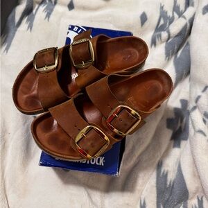 Birkenstock Brown Sandals with Gold Buckles